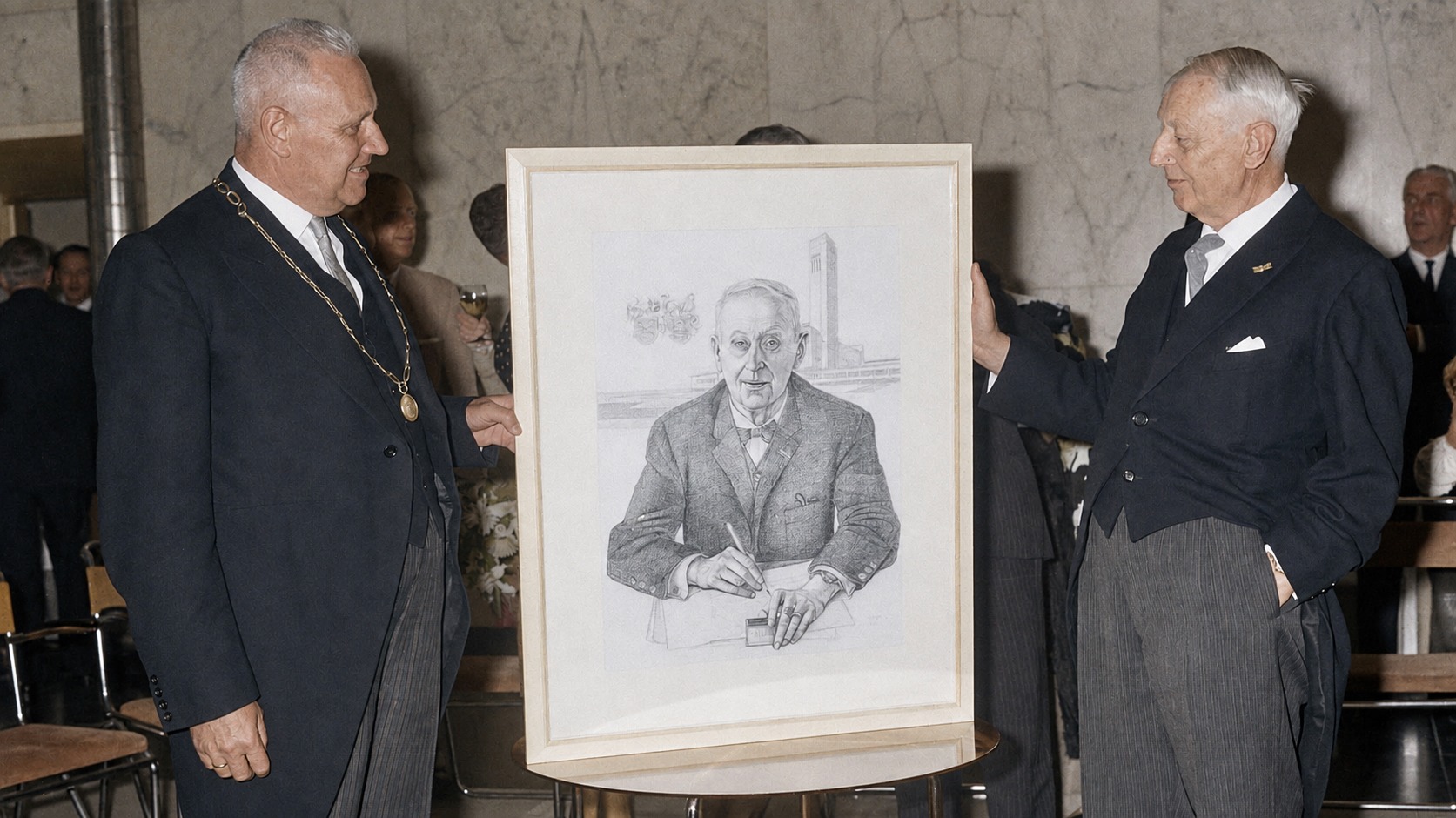 Burgemeester Boot van Hilversum biedt architect Dudok portret van de architect aan, voor zijn 80ste verjaardag in 1965.